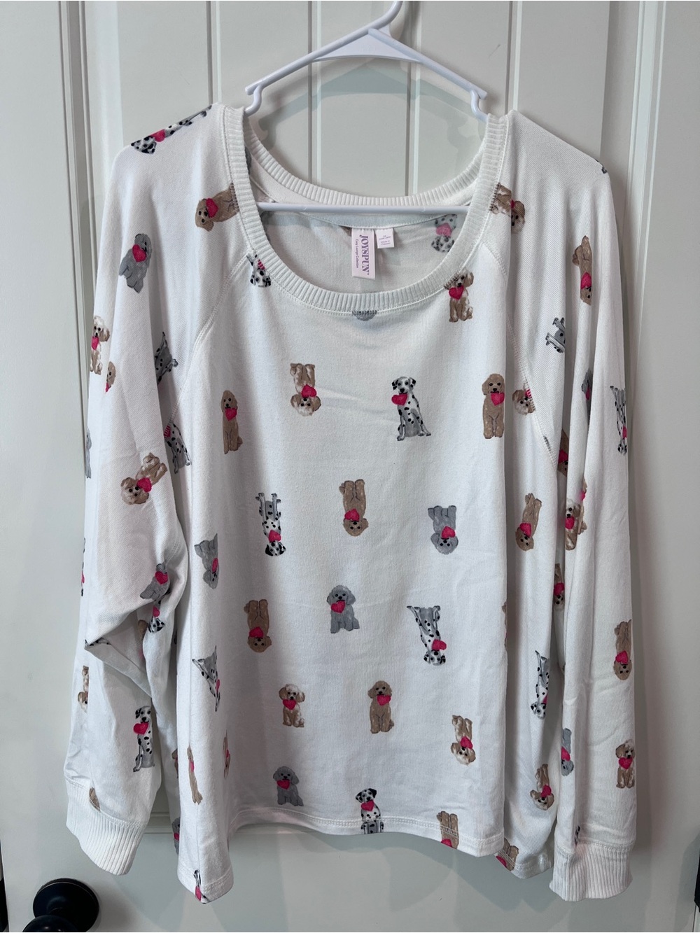 Joyspun White Long Sleeve Dog Print Pajama Set with Red Heart Accents